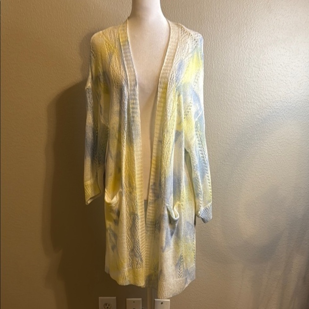 Women's Yellow and Blue Open-Front Cardigan SZ LG